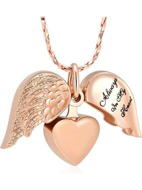Heart Urn Necklace for Ashes | Memorial Jewelry with Angel Wing Charm | Keepsake